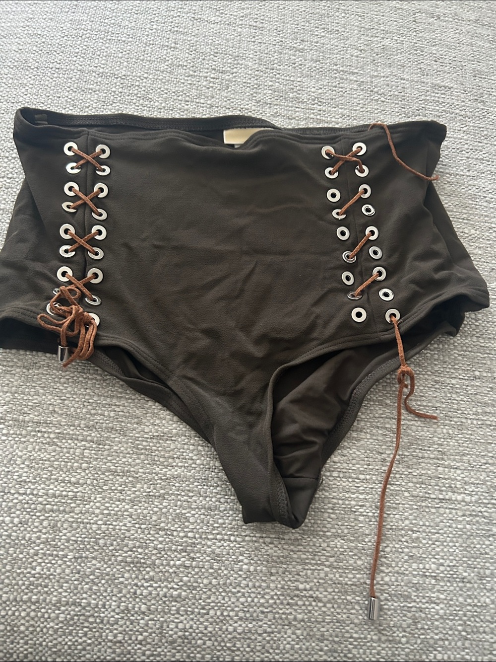 High-Waist Lace-Up Bikini Bottom - Dark Olive